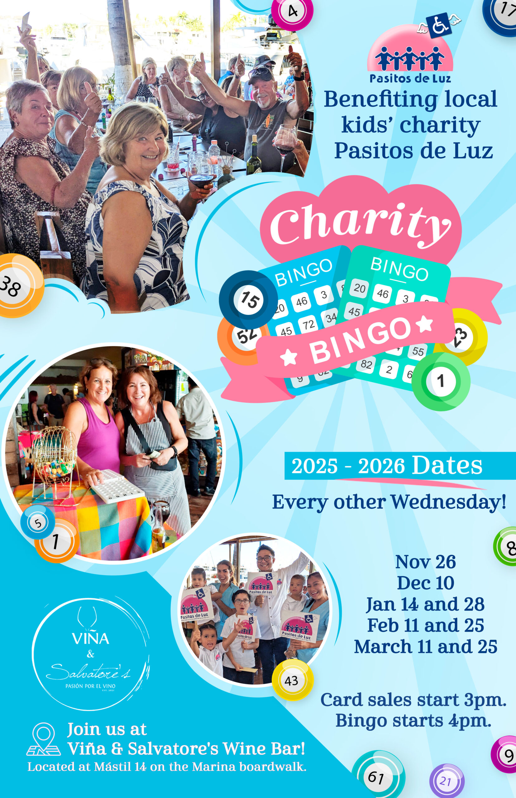 Charity Bingo at Viña & Salvatore's Wine Bar, Marina Vallarta, Season 2025-26!